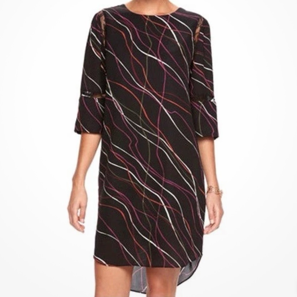 Like New Apt. 9 Tangle Black Pattern Print Lace Inset Lined Shift Dress Sz L EUC